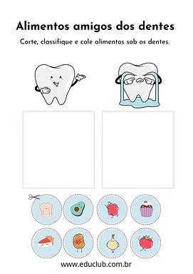 Atividade sobre alimentos amigos do dente Atividade sobre alimentos amigos do dente para 2º Ano, 1º Ano, Pré-Escola de Ciências, Higiene bucal - Material educacional