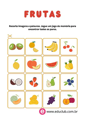 Jogo da memória das frutas para 3º Ano, 2º Ano, 1º Ano, Pré-Escola de Língua Portuguesa, Recursos Educativos - Material ed...