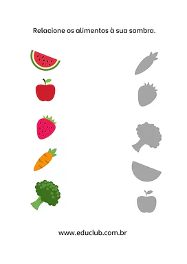 Atividade sombra das frutas e vegetais para Creche, Pré-Escola de Conceitos Matemáticos, Habilidades Perceptivas, Pensamen...