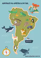 Mapa dos Animais da América do Sul para 5º Ano, 4º Ano, 3º Ano, 2º Ano de Geografia, América do Sul - Material educacional