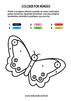 Colorir por número uma borboleta para 2º Ano, 1º Ano, Pré-Escola de Números, Cores, Matemática, Artes - Material educacional