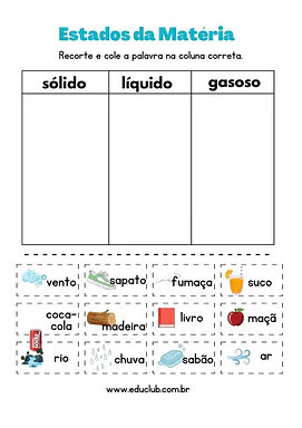 Atividade estados da matéria Atividade estados da matéria para 3º Ano, 2º Ano, 1º Ano de Ciências, Estados da Matéria - Material educacional