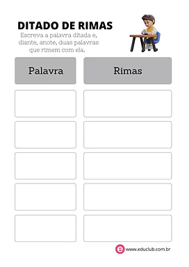 Folha para ditado de rimas Folha para ditado de rimas para 2º Ano, 1º Ano de Língua Portuguesa, Recursos Educativos, Ditado - Material educacional