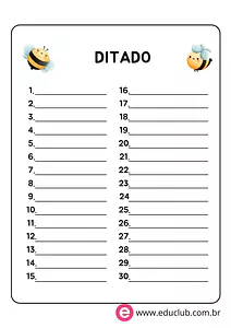 Folha para ditado com 20 palavras