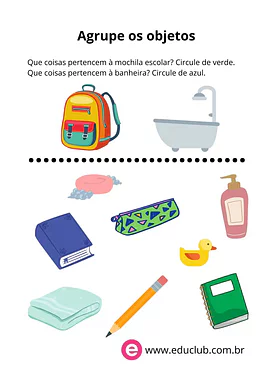 Agrupe os objetos para Pré-Escola de Língua Portuguesa, Vocabulário - Material educacional
