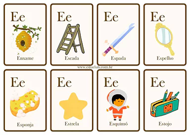 Palavras com E para 1º Ano, Pré-Escola de Língua Portuguesa, Vocabulário, Vogais, Alfabeto - Material educacional