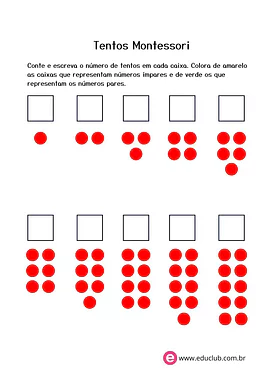 Tentos Montessori - Par ou ímpar? para Pré-Escola de Recursos Educativos, Números, Matemática, Material Montessori - Mater...