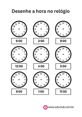 Atividade de indicar a hora no relógio para 3º Ano, 2º Ano de Matemática, Hora - Material educacional