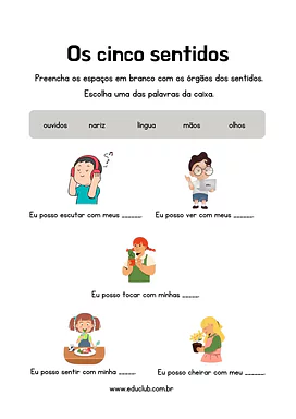 Atividade órgãos dos sentidos para 1º Ano de Ciências, Cinco sentidos - Material educacional