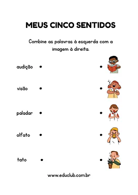 Atividade sobre cinco sentidos para Educação Infantil para Pré-Escola de Ciências, Cinco sentidos - Material educacional