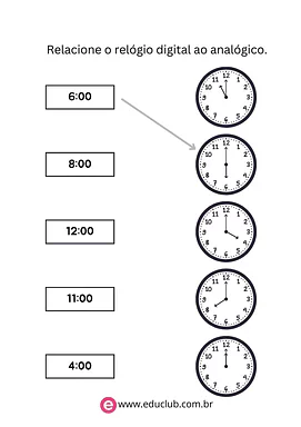 Atividade de ligar as horas para 4º Ano, 3º Ano, 2º Ano de Matemática, Hora - Material educacional