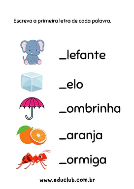 Atividade vogal inicial Atividade vogal inicial para 1º Ano de Língua Portuguesa, Alfabeto - Material educacional