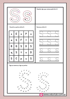 Atividade letra S Atividade letra S para 1º Ano de Língua Portuguesa, Alfabeto - Material educacional