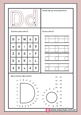 Atividade letra D Atividade letra D para 1º Ano de Língua Portuguesa, Alfabeto - Material educacional