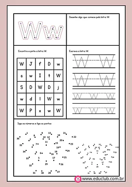 Atividade letra W Atividade letra W para 1º Ano de Língua Portuguesa, Alfabeto - Material educacional