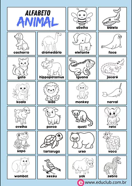 Alfabeto animal para Pré-Escola de Língua Portuguesa, Alfabeto - Material educacional