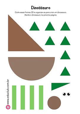 Dinossauro para recortar e montar de papel para Pré-Escola de Figuras Geométricas, Artes - Material educacional