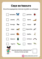 Caça ao tesouro dos bichos de jardim Caça ao tesouro dos bichos de jardim para 2º Ano, 1º Ano de Ciências, Seres Vivos, Estações do ano - Material educacional