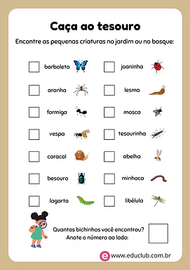 Caça ao tesouro dos bichos de jardim Caça ao tesouro dos bichos de jardim para 2º Ano, 1º Ano de Ciências, Seres Vivos, Estações do ano - Material educacional