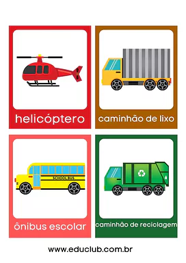 Vocabulário dos meios de transporte para Creche, Pré-Escola de Língua Portuguesa, Vocabulário - Material educacional