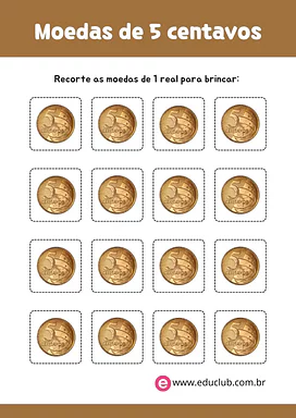 Moedas de 5 centavos para imprimir para 5º Ano, 4º Ano, 3º Ano de Matemática, Dinheiro - Material educacional