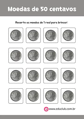 Moedas de 50 centavos para imprimir para 5º Ano, 4º Ano, 3º Ano de Matemática, Dinheiro - Material educacional