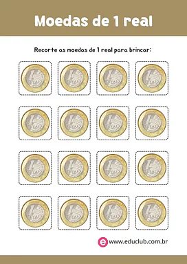 Moedas de 1 real para imprimir para 5º Ano, 4º Ano, 3º Ano de Matemática, Dinheiro - Material educacional