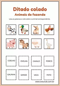 Ditado colado com animais da fazenda