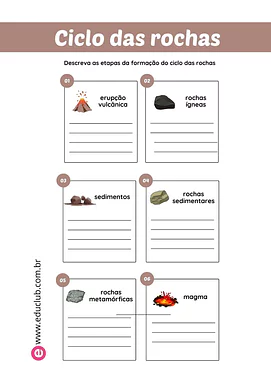 Atividade sobre o ciclo das rochas Atividade sobre o ciclo das rochas para 5º Ano, 4º Ano, 3º Ano de Geografia, Rochas e minerais - Material educacional