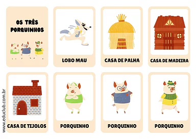 Os Três Porquinhos: conto em cartões para Creche, 2º Ano, 1º Ano, Pré-Escola de História Infantil, Contos Infantis - Mater...