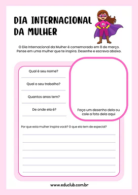 Atividade para o Dia Internacional da Mulher Atividade para o Dia Internacional da Mulher para 5º Ano, 4º Ano, 3º Ano de Datas Comemorativas, Dia da Mulher - Material ...