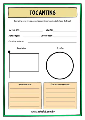 Atividade sobre o Tocantins Atividade sobre o Tocantins para 5º Ano, 4º Ano de Geografia, Recursos Educativos, Roteiro de pesquisa, Brasil - Material ...