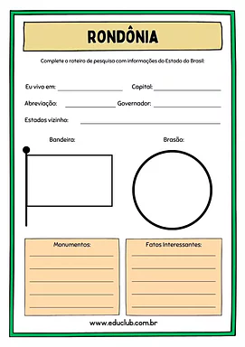 Atividade sobre Rondônia Atividade sobre Rondônia para 5º Ano, 4º Ano de Geografia, Recursos Educativos, Roteiro de pesquisa, Brasil - Material edu...