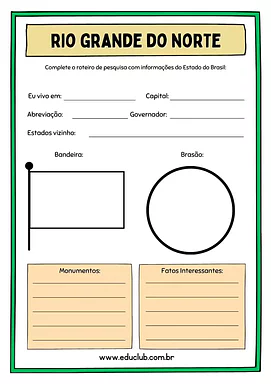 Atividade sobre o Rio Grande do Norte Atividade sobre o Rio Grande do Norte para 5º Ano, 4º Ano de Geografia, Recursos Educativos, Roteiro de pesquisa, Brasil -...