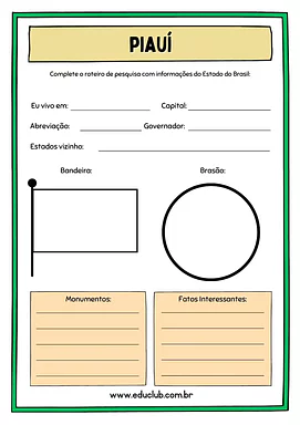 Atividade sobre o Piauí Atividade sobre o Piauí para 5º Ano, 4º Ano de Geografia, Recursos Educativos, Roteiro de pesquisa, Brasil - Material educ...