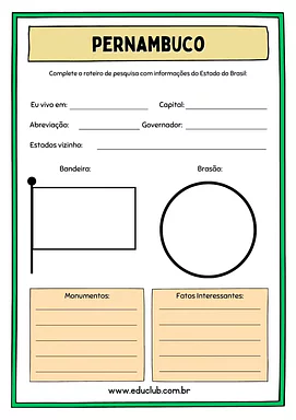 Atividade sobre Pernambuco Atividade sobre Pernambuco para 5º Ano, 4º Ano de Geografia, Recursos Educativos, Roteiro de pesquisa, Brasil - Material e...