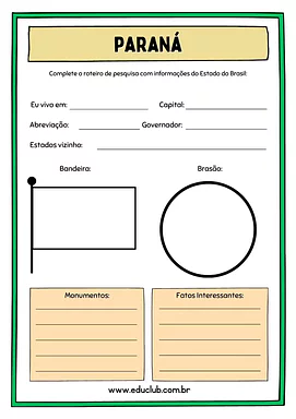 Atividade sobre Paraná Atividade sobre Paraná para 5º Ano, 4º Ano de Geografia, Recursos Educativos, Roteiro de pesquisa, Brasil - Material educa...