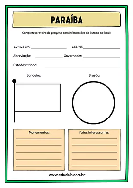 Atividade sobre a Paraíba Atividade sobre a Paraíba para 5º Ano, 4º Ano de Geografia, Recursos Educativos, Roteiro de pesquisa, Brasil - Material ed...