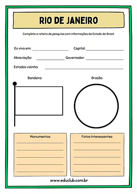 Atividade sobre o Rio de Janeiro Atividade sobre o Rio de Janeiro para 5º Ano, 4º Ano de Geografia, Recursos Educativos, Roteiro de pesquisa, Brasil - Mate...