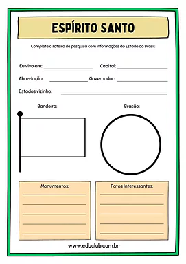 Atividade sobre o Espírito Santo Atividade sobre o Espírito Santo para 5º Ano, 4º Ano de Geografia, Recursos Educativos, Roteiro de pesquisa, Brasil - Mate...
