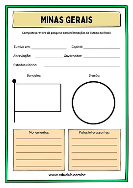 Atividade sobre Minas Gerais Atividade sobre Minas Gerais para 5º Ano, 4º Ano de Geografia, Recursos Educativos, Roteiro de pesquisa, Brasil - Material...