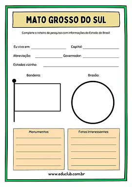 Atividade sobre Mato Grosso do Sul Atividade sobre Mato Grosso do Sul para 5º Ano, 4º Ano de Geografia, Recursos Educativos, Roteiro de pesquisa, Brasil - Ma...