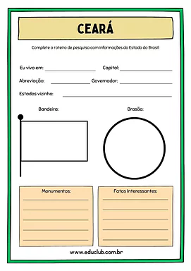 Atividade sobre o Ceará Atividade sobre o Ceará para 5º Ano, 4º Ano de Geografia, Recursos Educativos, Roteiro de pesquisa, Brasil - Material educ...