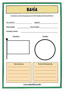 Atividade sobre Bahía Atividade sobre Bahía para 5º Ano, 4º Ano de Geografia, Recursos Educativos, Roteiro de pesquisa, Brasil - Material educac...