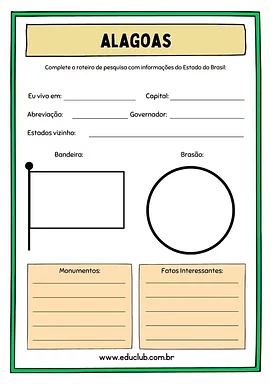Atividade sobre Alagoas Atividade sobre Alagoas para 5º Ano, 4º Ano de Geografia, Recursos Educativos, Roteiro de pesquisa, Brasil - Material educ...