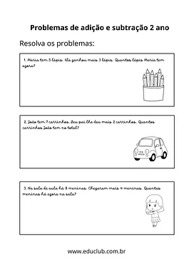 Problemas de adição e subtração para 2 ano Problemas de adição e subtração para 2 ano para 2º Ano de Operações básicas, Matemática, Problemas - Material educacional