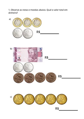 Atividade com dinheiro para 1 ano Atividade com dinheiro para 1 ano para 1º Ano de Operações básicas, Matemática, Educação Financeira - Material educacional
