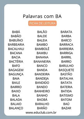 Palavras com BA BE BI BO BU Palavras com BA BE BI BO BU para 2º Ano, 1º Ano de Língua Portuguesa, Sílabas - Material educacional