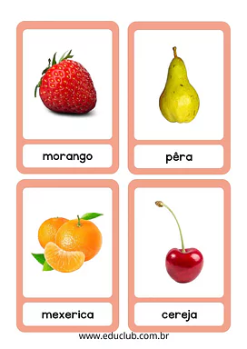 Flashcards de frutas para pareamento para Creche, Pré-Escola de Língua Portuguesa, Ciências, Vocabulário, Alimentos - Mate...