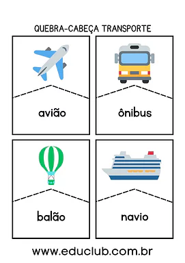 Quebra-cabeça meios de transporte para 1º Ano, Pré-Escola de Língua Portuguesa, Vocabulário - Material educacional